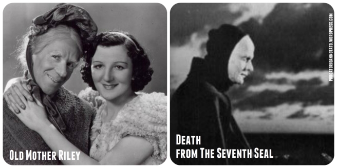 Old Mother Riley, left, and Death from The Seventh Seal, right. Images via Wikipedia